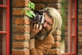 private detective. SLR camera. hipster man with beard use professional camera. photographer hold retro camera