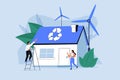 Private eco house. Renewable energy and saving electricity concept. Characters buying building. Vector illustration