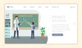 Private educational institution landing page template. Chemistry teacher and pupil at chalkboard teaching molecules Royalty Free Stock Photo