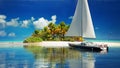 Private getaway . Sailboat reaching a secluded tropical island for two.