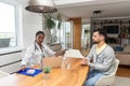 Private home doctor office female healthcare medical worker work with sick male patient. Ill young man talking with medic health Royalty Free Stock Photo