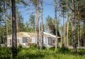 Private home house being built work in progress gray brick walls up and timber roof truss in lush pine tree forest beautiful su