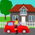 Private house, tree and fence, car and woman in the foreground. Traditional cottage with car and woman standing near. Home and aut Royalty Free Stock Photo