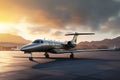 A private jet from an aerospace manufacturer parked on a runway at sunset Royalty Free Stock Photo