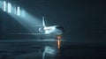 Private jet airplane inside dark hangar with light beams shining through windows creating reflection on wet floor Royalty Free Stock Photo