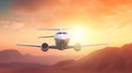 Private Jet Airplane Over Desert At Sunset Royalty Free Stock Photo