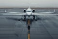 Private jet braced for takeoff at dawn on a glistening runway. Generative AI