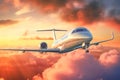 Private jet flies above dramatic clouds at sunset. Commercial airplane flying above clouds and colorful sunset. Generative AI Royalty Free Stock Photo