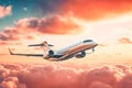 Private jet flies above dramatic clouds at sunset. Commercial airplane flying above clouds and colorful sunset. Generative AI Royalty Free Stock Photo