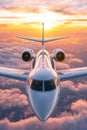 Private jet flying above clouds at sunset with vibrant sky Royalty Free Stock Photo