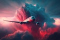 Private jet in pink clouds. Realistic generated AI