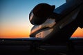 Private jet plane parking at the airport. Private airplane at sunrise. Early morning at airport apron. Royalty Free Stock Photo