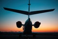 Private jet plane parking at the airport. Private airplane at sunrise. Early morning at airport apron. Royalty Free Stock Photo