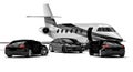 Private jet with a VIP cars fleet