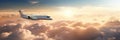 Private jetplane flying above amazing clouds. Beautiful sunset sky. Royalty Free Stock Photo