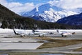 Private jets and planes in the airport of St Moritz Switzerland in the alps