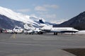 Private jets and planes in the airport of St Moritz Switzerland in the alps Royalty Free Stock Photo