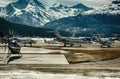 Private jets and planes in the airport of St Moritz Switzerland in the alps Royalty Free Stock Photo