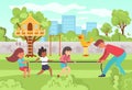 Private kindergarten, male character teacher playing with happy children little kid, child playground flat vector