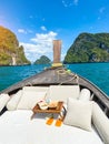 Private longtail boat trip to island with exotic food picnic, Krabi, Thailand. landmark, destination, Asia Travel, vacation, Royalty Free Stock Photo