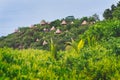 Private luxury huts hidden in jungle near tropical sandy coast on Seychelles islands. Mahe, Anse Marie-Louise beach Royalty Free Stock Photo