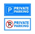 Private parking blue road sign, label. Vector stock illustration