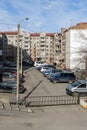 The private parking of the residential building is fenced with automatic gates. Royalty Free Stock Photo