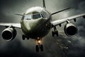 Private Plane Taking Off in Rainy Weather. Clouds in the background. Dark Tones.