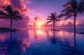 a private pool at sunset is lined with palm trees Royalty Free Stock Photo