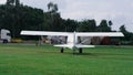 Private propeller plane preparing to taking off runway. Aircraft ready to start Royalty Free Stock Photo