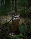 Private property sign in a dark forest Royalty Free Stock Photo