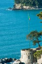 Private residence on Arcidosso seacoast with flag and pole, Tuscany, Italy,