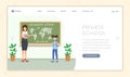 Private school lesson landing page template. Geography teacher explains continents location to cute schoolgirl cartoon