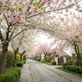 Private street of cherry trees in bloom during spring Royalty Free Stock Photo
