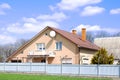 Private suburban house with backyard behind high fence. beautiful landscape recreation cottage complex in ecological area with Royalty Free Stock Photo