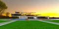 Private suburban mansion against the sunset. Paved walkways to the entry. Much reflective glass. 3d rendering