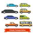 Private transportation. Various cars and vehicles