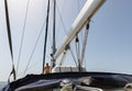 Private  yacht bow with mast and sail accessories. Haifa Bay in the Mediterranean Sea, near the port of Haifa in Israel Royalty Free Stock Photo