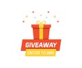 Prize box with fireworks and confetti. Giveaway, Enter to win design. Vector illustration for promotions, social media, marketing