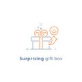 Prize give away, surprising gift, emotional present, fun experience, gift idea concept, line icon