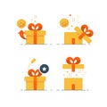 Prize give away, surprising gift, emotional present, fun experience, gift idea concept, flat icon Royalty Free Stock Photo