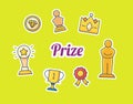 Prize lettering around award and medal icons set collection package isolated background with modern cartoon color flat style Royalty Free Stock Photo