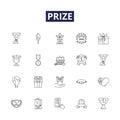 Prize line vector icons and signs. Reward, Booty, Bounty, Premium, Plunder, Booty, Stipend, Trophy outline vector