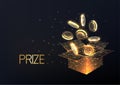 Prize, lottery win, return of investment concept with open box and gold coins on black background.
