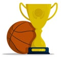 Prize sports cup with ball for participation in basketball competitions. Award trophy to winner of tournament. Vector in flat