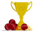 Prize sports cup with ball for participation in cricket competitions. Award trophy to winner of tournament. Vector in flat style