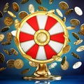 Prize wheel and gold coins with dollar icon on blue background. 3D illustration Royalty Free Stock Photo