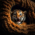 Prized portrait of cute baby tiger in nest. Intense cuteness of big-eyed little tiger.