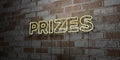 PRIZES - Glowing Neon Sign on stonework wall - 3D rendered royalty free stock illustration