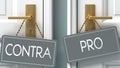 Pro or contra as a choice in life - pictured as words contra, pro on doors to show that contra and pro are different options to